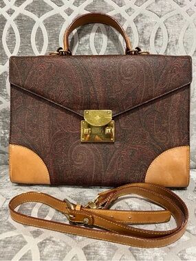 Etro Paisley Top Handle Bag Brown Leather Crossbody Italy Vintage